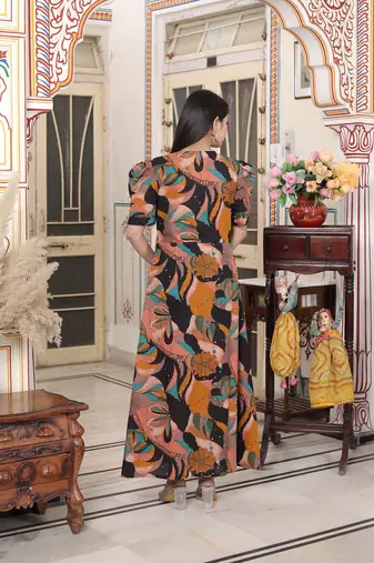 pure cotton black puff sleeve floral printed butterfly maxi dress