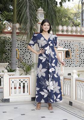 blue flower printed puff sleeve pure cotton fit v neck butterfly middi dress 1