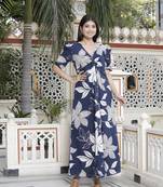 blue flower printed puff sleeve pure cotton fit v neck butterfly middi dress