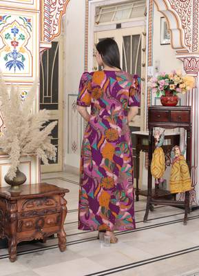 floral print puff sleeve pure cotton fit flare magenta butterfly maxi dress 4