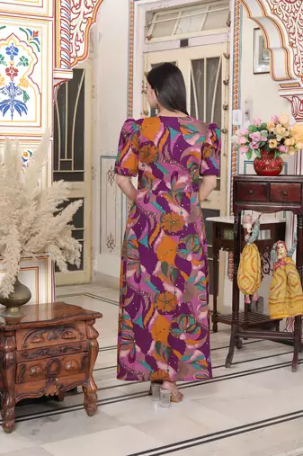 floral print puff sleeve pure cotton fit flare magenta butterfly maxi dress