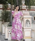 pink floral print puff sleeve pure cotton fit flare butterfly maxi dress