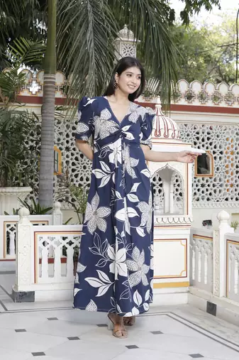 blue flower printed puff sleeve pure cotton fit v neck butterfly middi dress