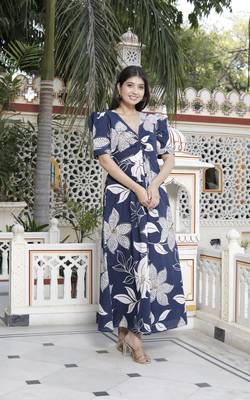 blue flower printed puff sleeve pure cotton fit v neck butterfly middi dress 3
