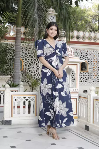 blue flower printed puff sleeve pure cotton fit v neck butterfly middi dress