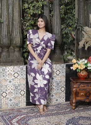 purple pleated puff sleeve floral pure cotton butterfly middi dress 3