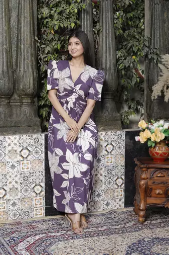 purple pleated puff sleeve floral pure cotton butterfly middi dress