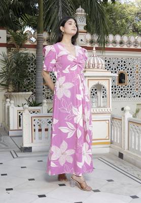 pink floral print puff sleeve pure cotton fit flare butterfly maxi dress 3