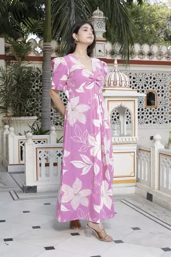 pink floral print puff sleeve pure cotton fit flare butterfly maxi dress