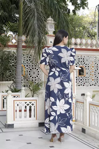 blue flower printed puff sleeve pure cotton fit v neck butterfly middi dress