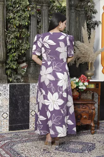 purple pleated puff sleeve floral pure cotton butterfly middi dress
