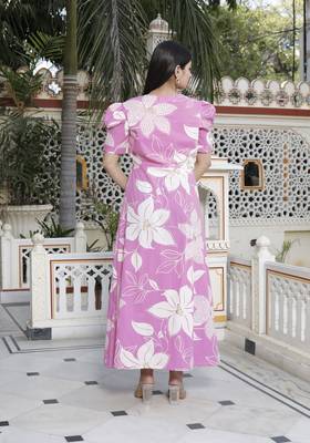pink floral print puff sleeve pure cotton fit flare butterfly maxi dress 4