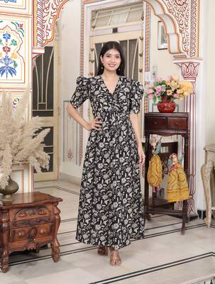 womens pleated puff sleeve floral pure cotton black and white butterfly maxi dress 1