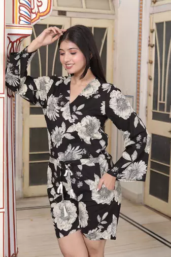 pure cotton black v neck tie-ups floral printed casual jumpsuit