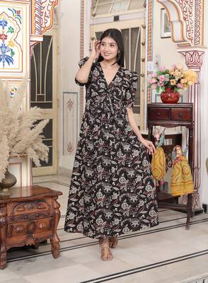 multicolored pleated puff sleeve floral pure cotton butterfly maxi dress 1