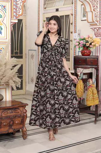 Doriyaan womens multicolored pleated puff sleeve floral pure cotton butterfly maxi dress