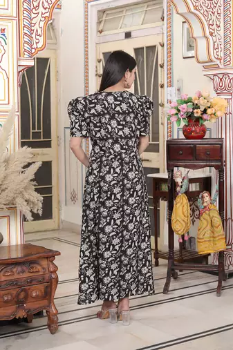  womens pleated puff sleeve floral pure cotton black and white butterfly maxi dress
