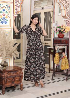 multicolored pleated puff sleeve floral pure cotton butterfly maxi dress 2