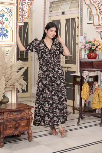 multicolored pleated puff sleeve floral pure cotton butterfly maxi dress