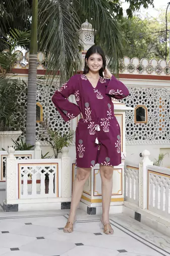  womens pure cotton wine floral printed long sleeves waist tie-up playsuit