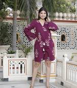 pure cotton wine floral printed long sleeves waist tie-up playsuit