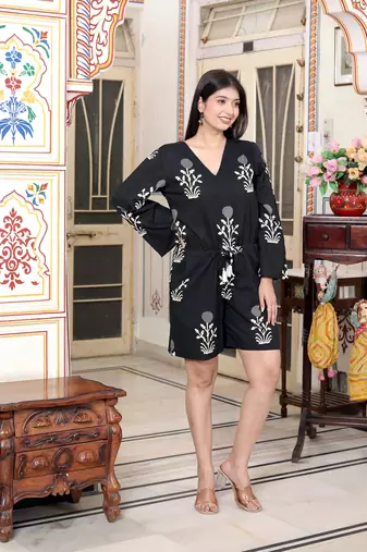 pure cotton black waist tie-up back zip closure floral playsuit