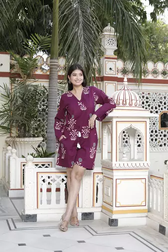 pure cotton wine floral printed long sleeves waist tie-up playsuit
