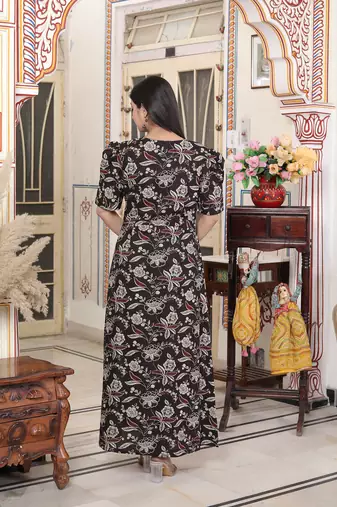 multicolored pleated puff sleeve floral pure cotton butterfly maxi dress