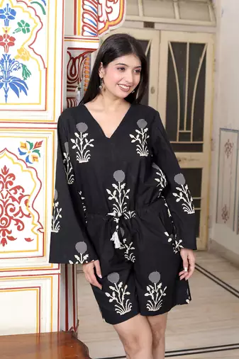 pure cotton black waist tie-up back zip closure floral playsuit
