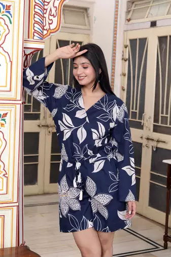  womens blue v neck tie-ups floral pure cotton casual long sleeves playsuit