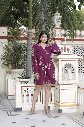 pure cotton wine floral printed long sleeves waist tie-up playsuit