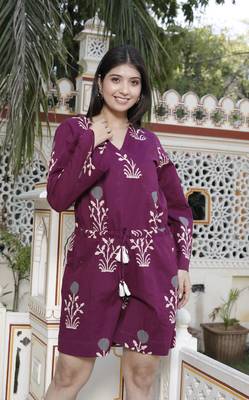 pure cotton wine floral printed long sleeves waist tie-up playsuit 5