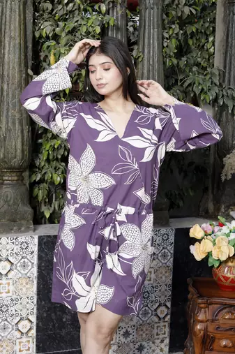pure cotton purple waist tie-up back zip closure jumpsuit