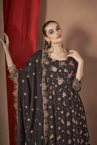 Black Embroidered georgette stitched anarkali suit