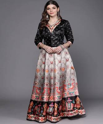 black Bandhani Patola Digital Print Shiney Satin Croptop Lehenga With Unstitched Blouse 1