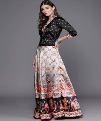 black Bandhani Patola Digital Print Shiney Satin Croptop Lehenga With Unstitched Blouse 2