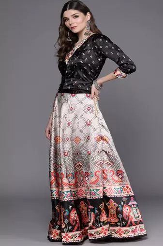 black Bandhani Patola Digital Print Shiney Satin Croptop Lehenga With Unstitched Blouse