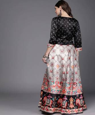 black Bandhani Patola Digital Print Shiney Satin Croptop Lehenga With Unstitched Blouse 3
