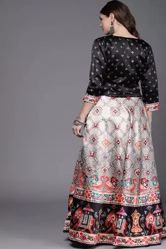 black Bandhani Patola Digital Print Shiney Satin Croptop Lehenga With Unstitched Blouse