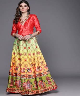dark-pink Bandhani Patola Digital Print Shiney Satin Croptop Lehenga With Unstitched Blouse 1