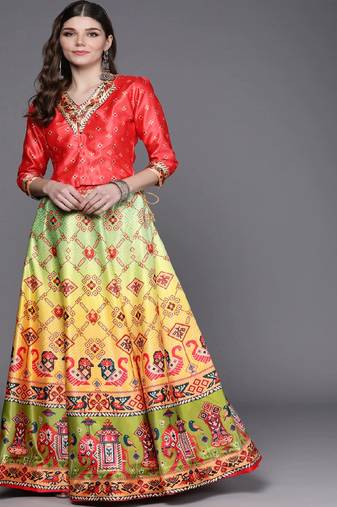 dark-pink Bandhani Patola Digital Print Shiney Satin Croptop Lehenga With Unstitched Blouse