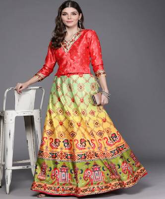 dark-pink Bandhani Patola Digital Print Shiney Satin Croptop Lehenga With Unstitched Blouse 2