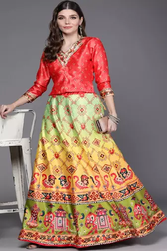 dark-pink Bandhani Patola Digital Print Shiney Satin Croptop Lehenga With Unstitched Blouse