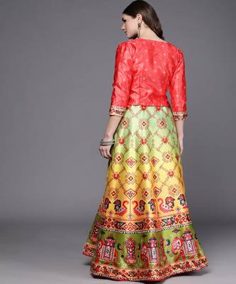 dark-pink Bandhani Patola Digital Print Shiney Satin Croptop Lehenga With Unstitched Blouse 3