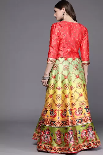 dark-pink Bandhani Patola Digital Print Shiney Satin Croptop Lehenga With Unstitched Blouse