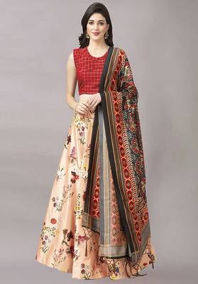 beige Digital Floral Print Satin Silk  Lehenga Choli with Dupatta 1