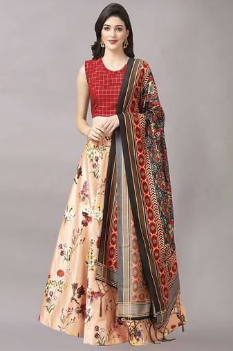 beige Digital Floral Print Satin Silk  Lehenga Choli with Dupatta
