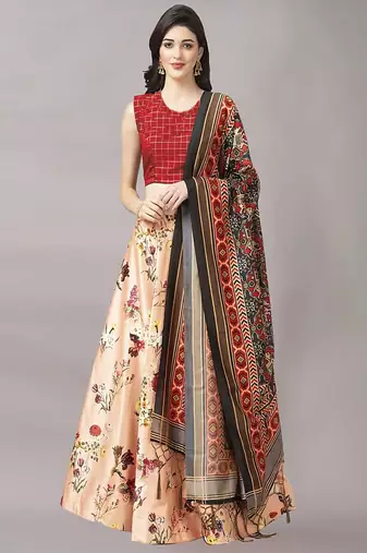 beige Digital Floral Print Satin Silk  Lehenga Choli with Dupatta
