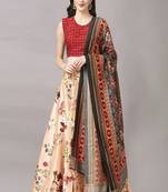 beige Digital Floral Print Satin Silk  Lehenga Choli with Dupatta