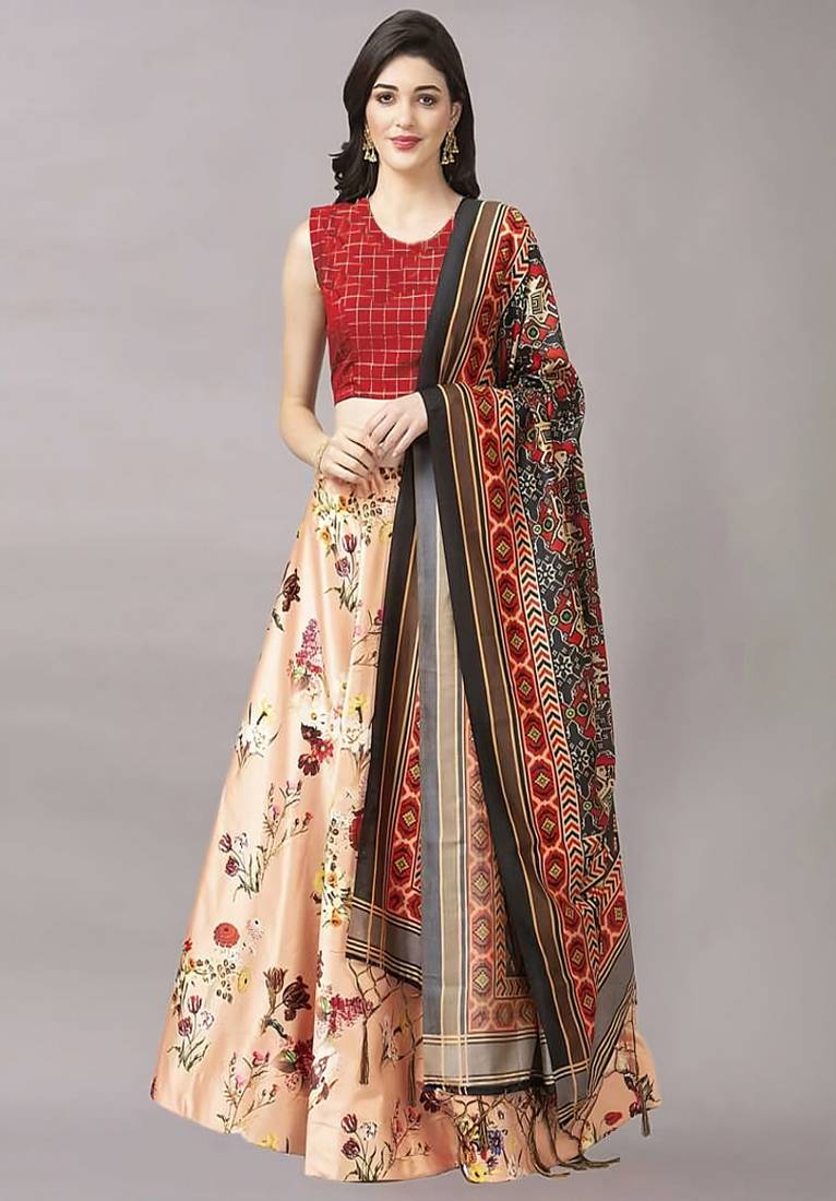 beige Digital Floral Print Satin Silk  Lehenga Choli with Dupatta